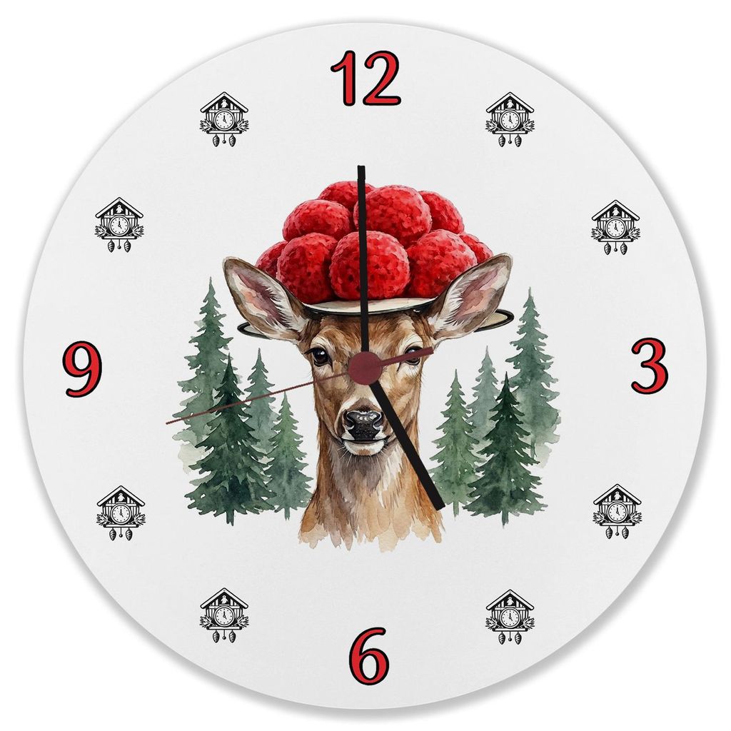 Reh mit Bollenhut Wanduhr aus MDF Schwarzwald Motiv