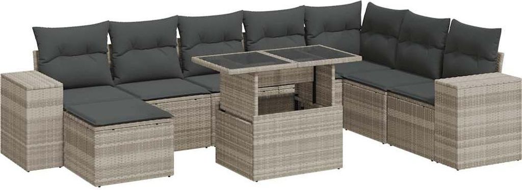 9-tlg. Garten-Sofagarnitur mit Kissen Hellgrau Poly Rattan