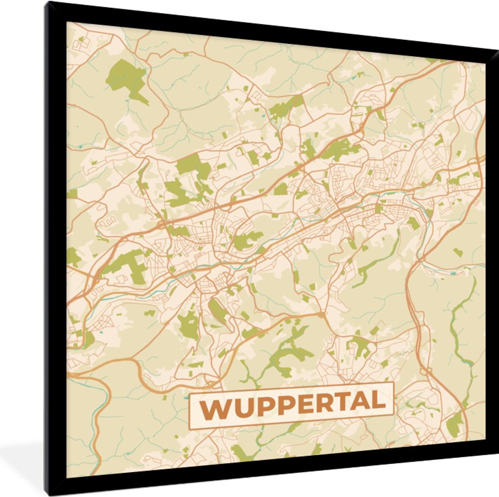 MuchoWow Gerahmtes Poster Wuppertal - Karte - Stadtplan - Vintage 40x40 cm - Poster mit Schwarzem Bilderrahmen Wandposter Rahmen Foto Bilder - Mi...