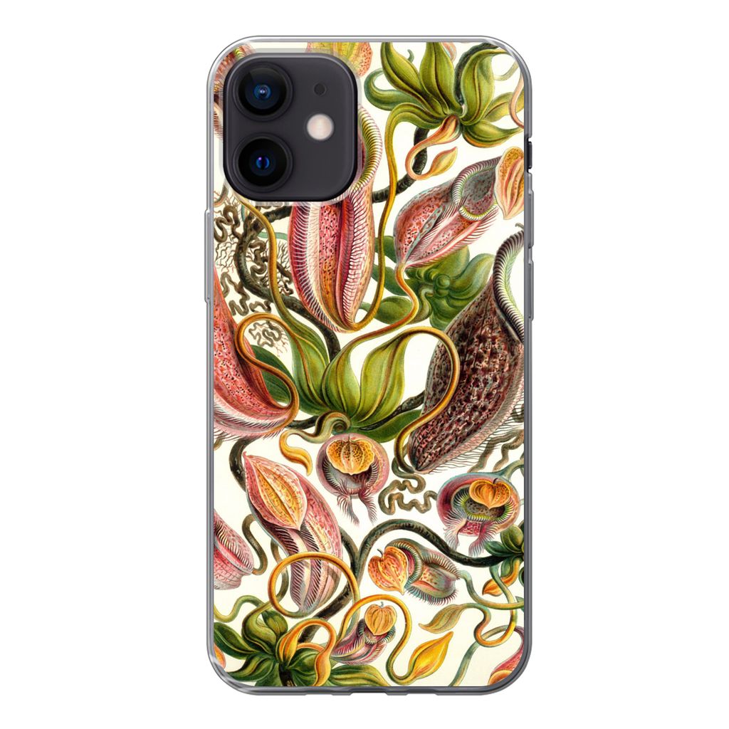MuchoWow Handyhülle Schutzhülle Hülle für iPhone 12 Nepenthaceae - Künstliche Blumen Silikon Softcase Handy Hülle - Schutzhülle