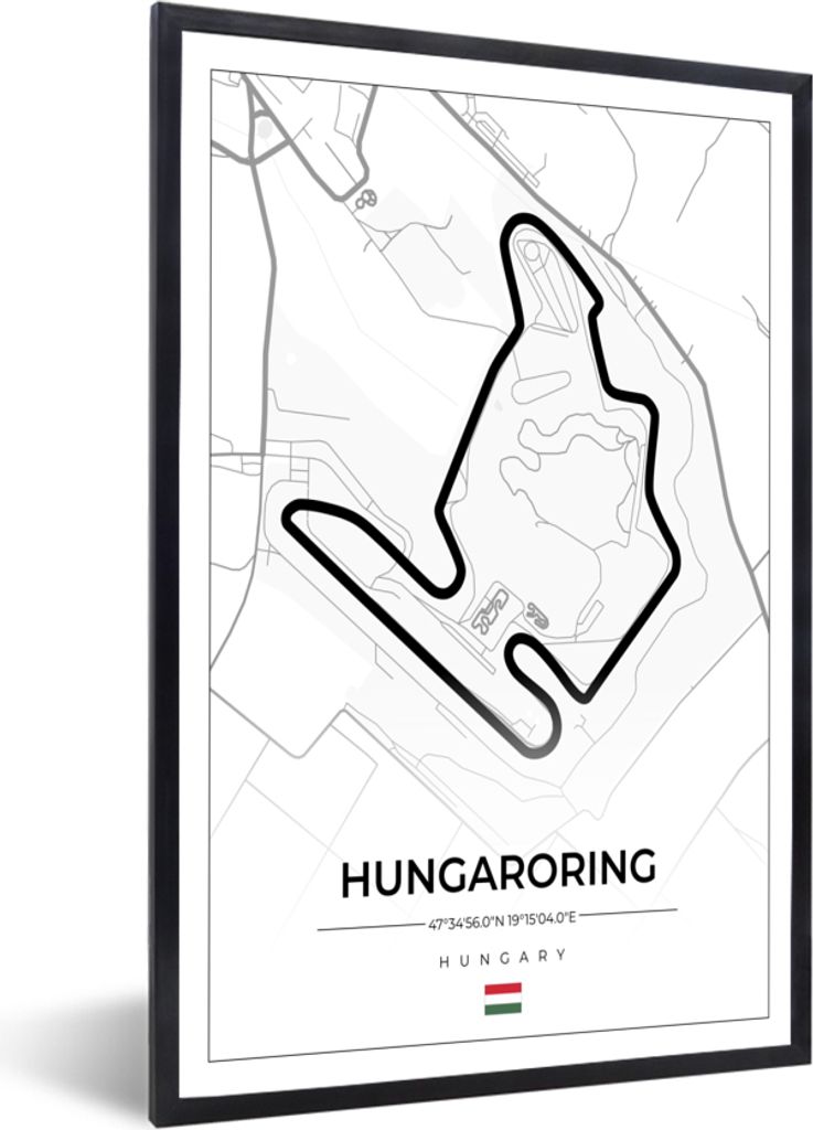 MuchoWow Gerahmtes Poster F1 - Ungarn - Auto - Rennstrecke - Hungaroring - Weiß 40x60 cm - Poster mit Schwarzem Bilderrahmen Wandposter Rahmen F...
