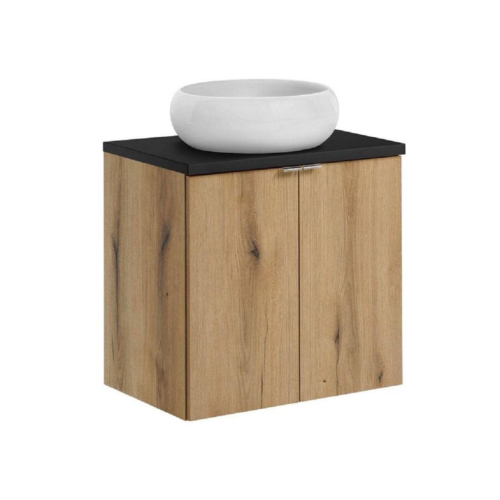 Badmöbel-Set 60 cm mit Arbeitsplatte, Aufsatzwaschbecken & unterschrank 2 Türen, Nova Oak N BM267 - Evoke Eiche/Schwarz Matt