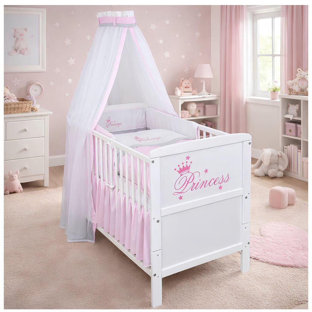 Baby-Delux Babybett Kinderbett Natalie Princess 140×70 Weiß Beißschienen Komplett Bettset Princess mit Matratze