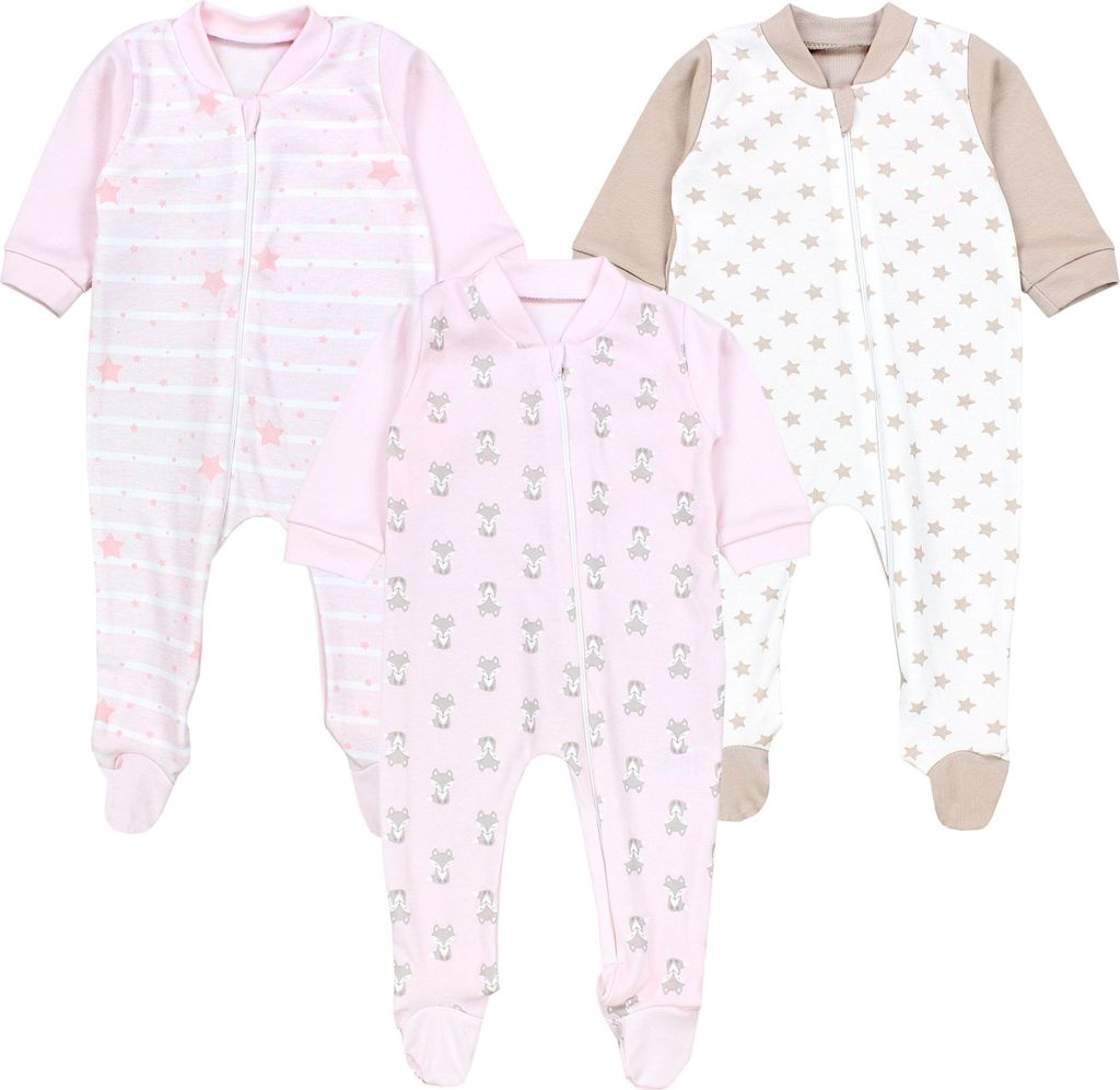 TupTam Baby Unisex Schlafstrampler Mädchen Schlafanzug mit Fuß Jungen Spieler 3er Pack, Farbe: Fuchs/Rosa, Größe: 62