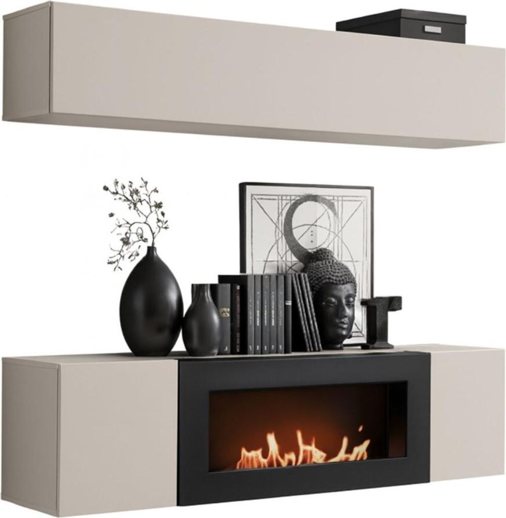 Wandkomposition FLY Kaschmir mit horizontaler Hängesäule und Bio-Ethanol Kamin-TV-Möbel