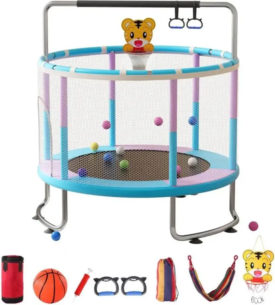 Trampoline enfant 150 cm bleu violet avec panier basket et barre gym