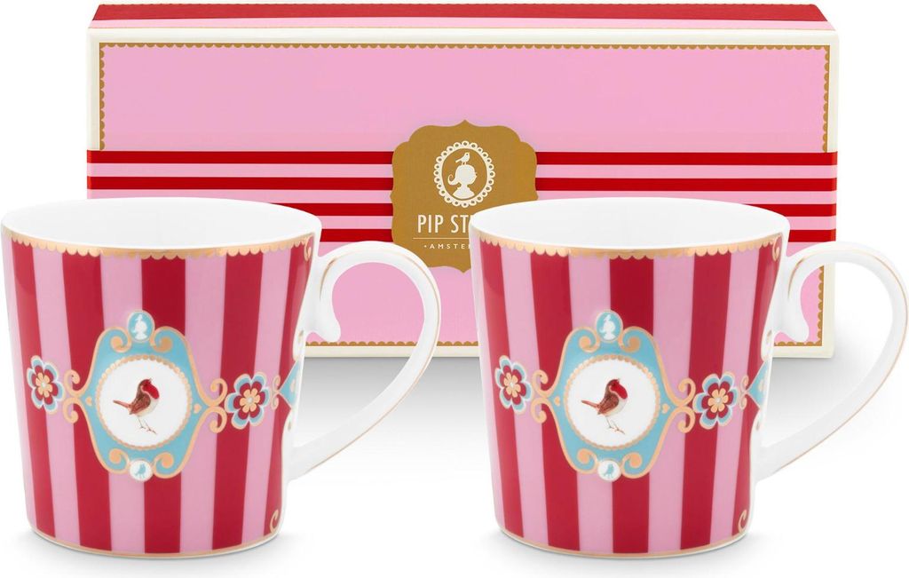 PIP STUDIO Love Birds Medallion Stripes Red-Pink Henkelbecher Large 0,25l Set2