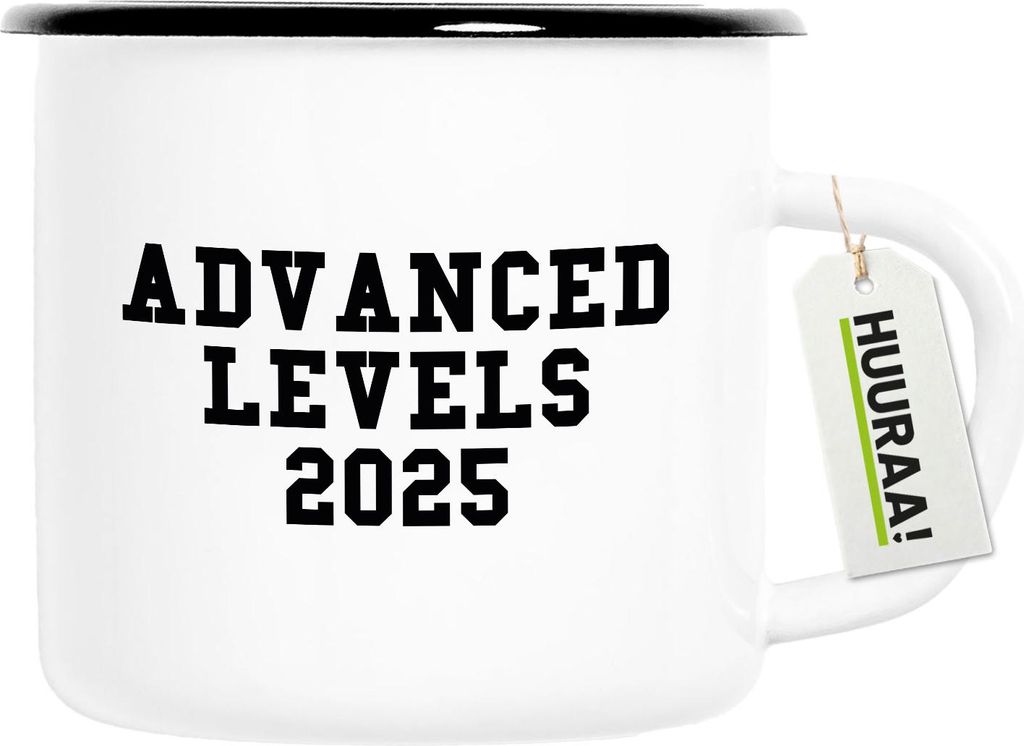 Huuraa Emaille Tasse Advanced Levels 2025 Abschluss Großbritannien 300ml Vintage Campingbecher Geschenkidee