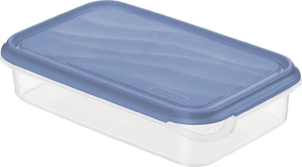 A clear, professional studio shot of a rectangular, flat refrigerator container with a blue lid.