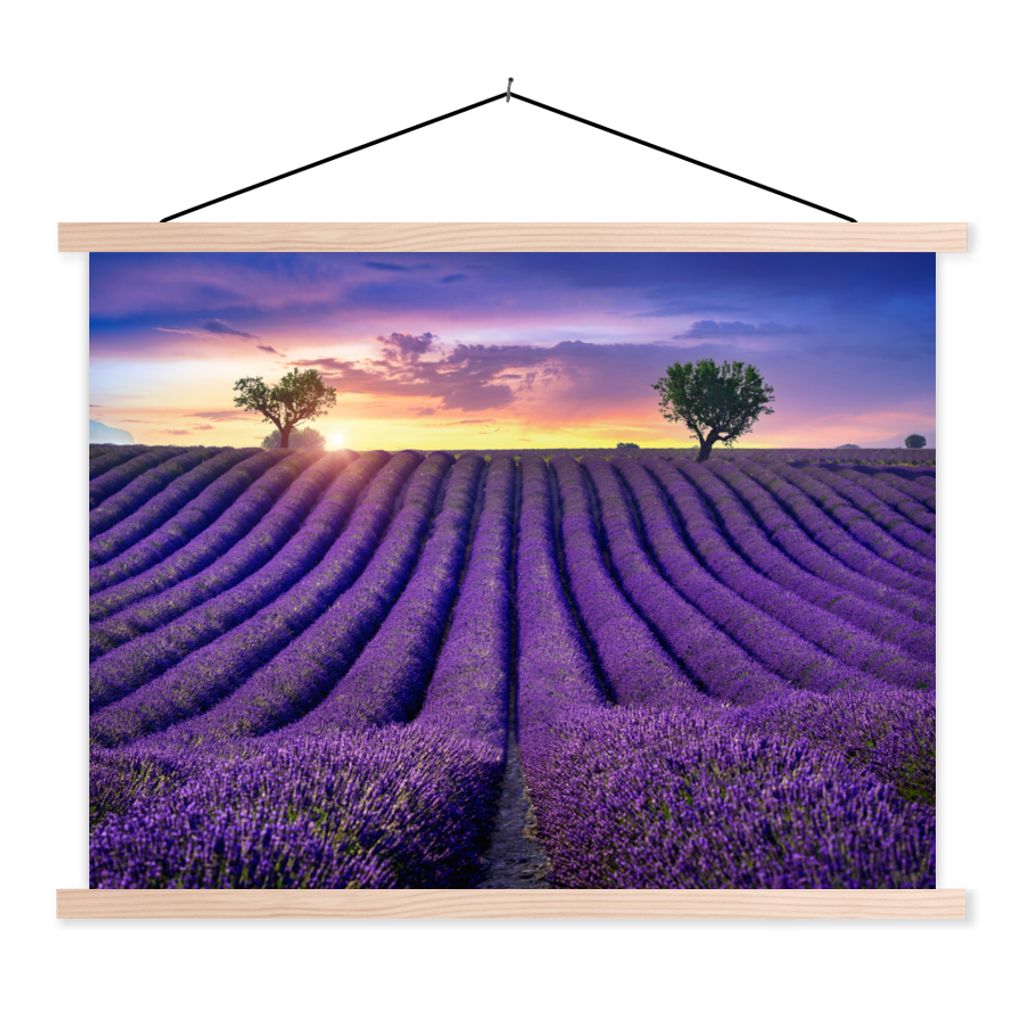 MuchoWow Textilposter Lavendel - Hügel - Sonnenuntergang - Bpmen - Lila 120x90 cm mit holzfarbenen Rahmen - Magnetisch