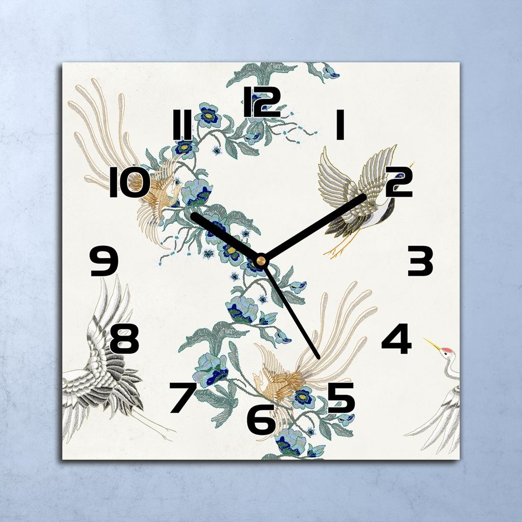 Wanduhr Echt-Glas-Küchenuhr Stickerei Vögel und Blumen Produktbild 
