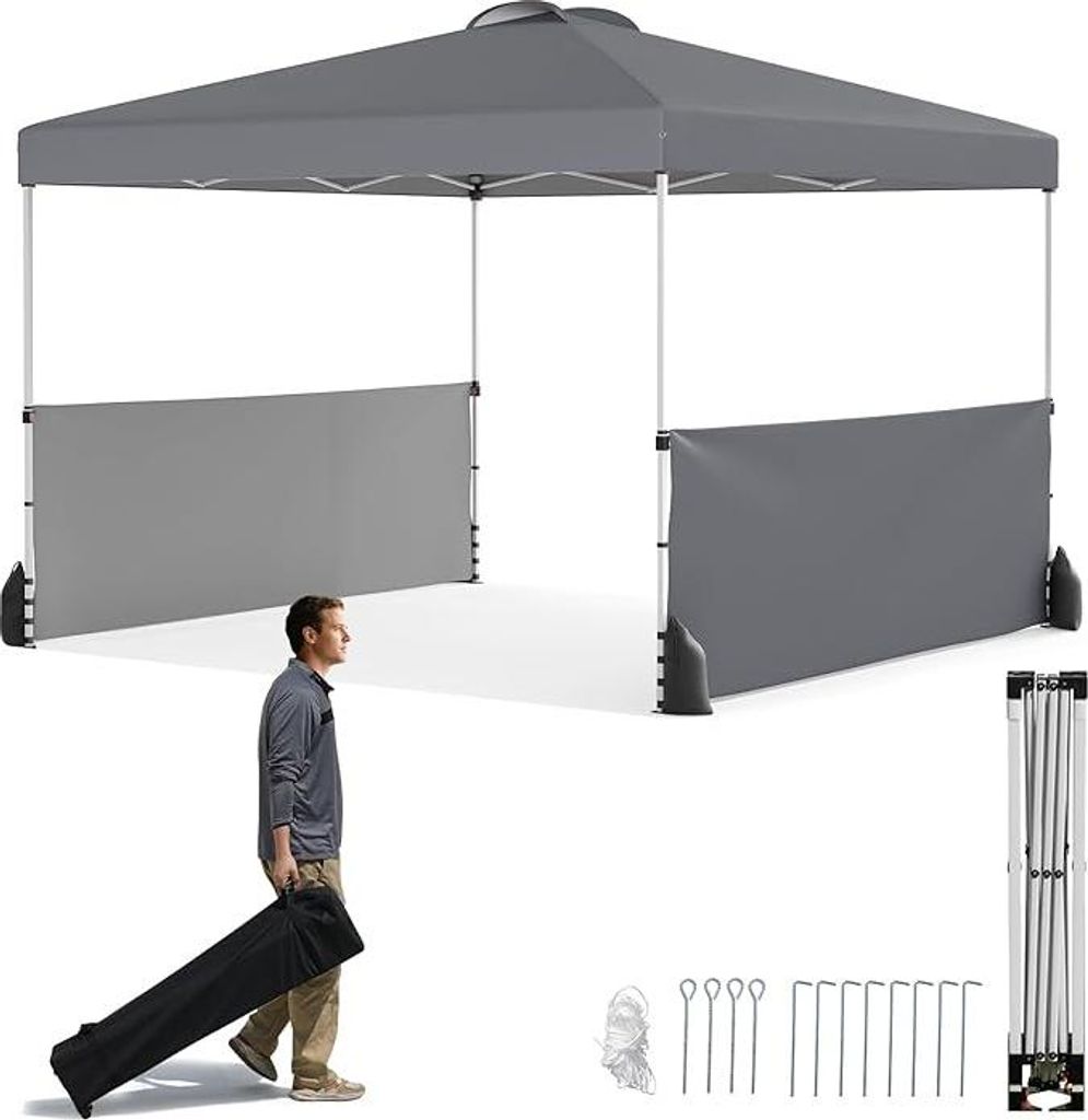 Gartenpavillon 3x3 m, Pop-up Pavillon mit 3 verstellbaren Höhen, Seitenwänden, faltbares und tragbares mit Rolltasche, 8 Heringe, 4 Anker, 4 Seile