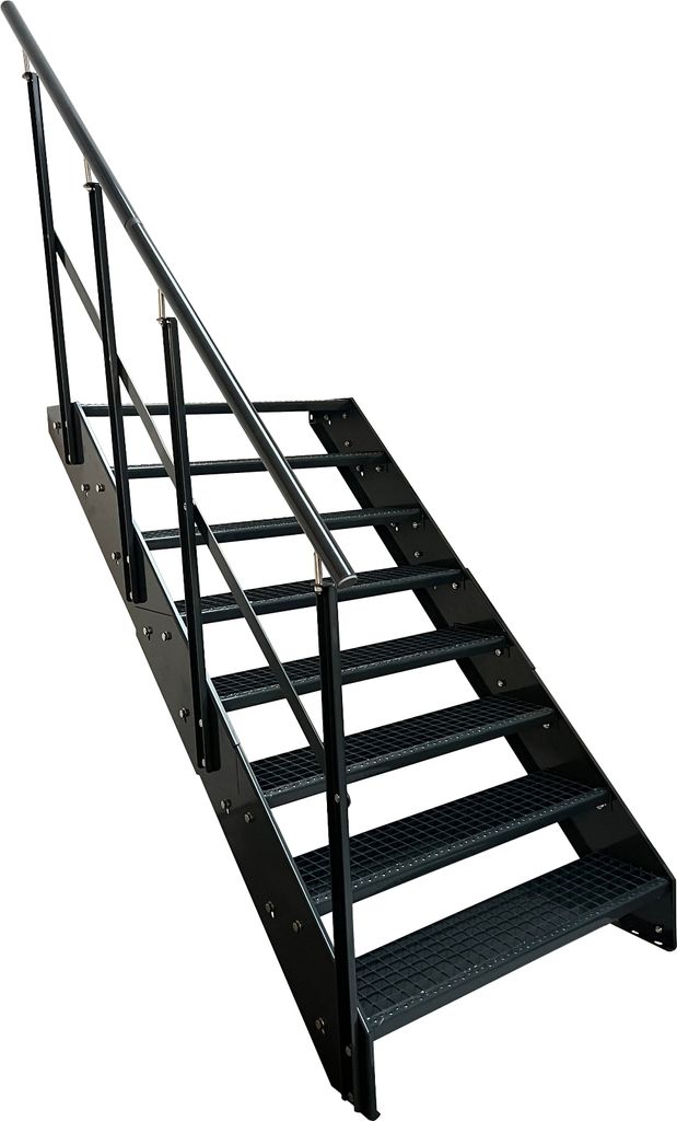 Stahl Wangentreppe Gitterroststufen 8 Stufen Geländer Links - Verzinkt & Anthrazit pulverlackiert - (B x H x T) 80 x 152 x 158 cm