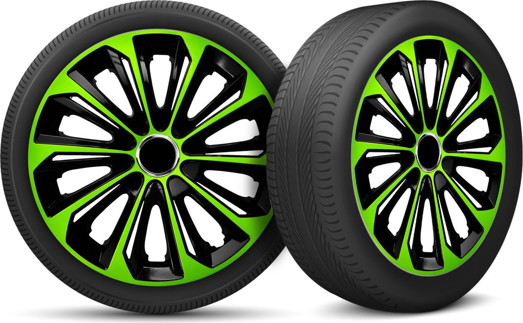 Auto Radkappen Radzierblenden 4er Set passend für alle Stahlfelgen - einstellbarer Sicherungsring - 14 Zoll - Schwarz Grün