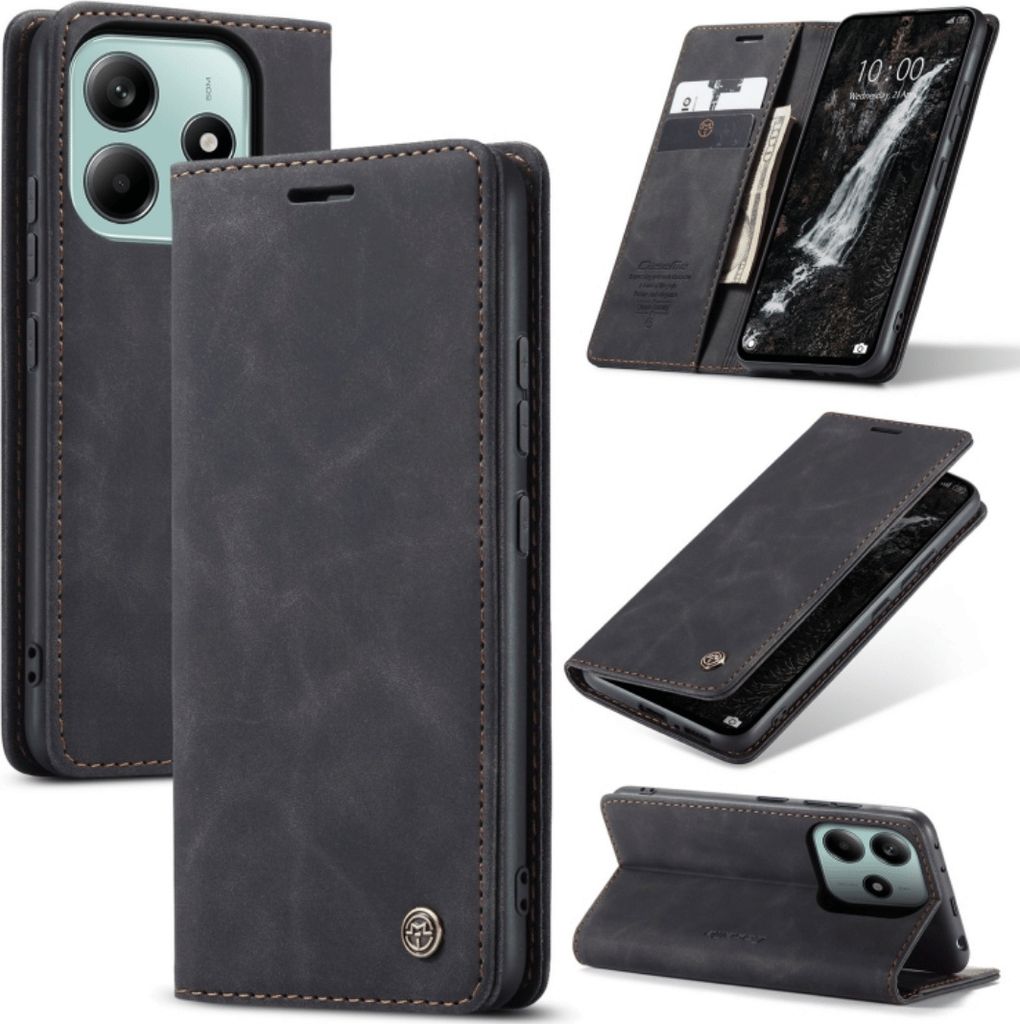 Collage of images showing a black flip phone case for a Xiaomi Redmi Note 14 5G.