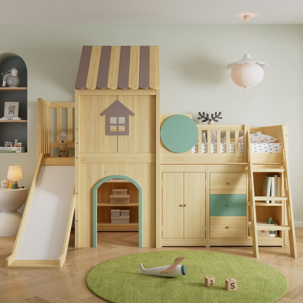 okwish Kinderbett 90×200 mit Matratze und Kleiderschrank,Hochbett mit Schubladen und Rutsche, Hausbett mit Ablagefächern,Natur