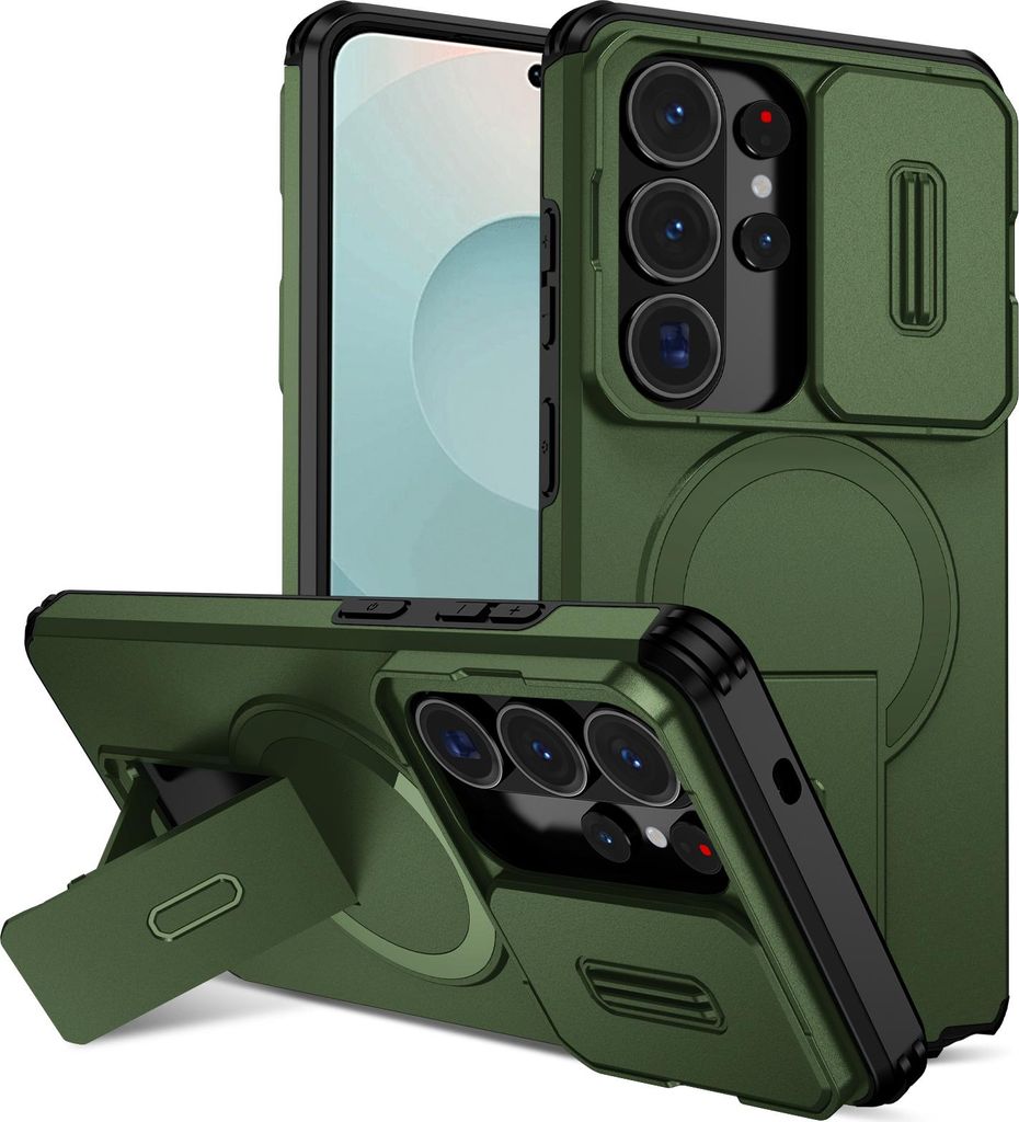 Magnetisch Hülle für Samsung Galaxy S26 Ultra, Dual Layer Stoßfest Handyhülle mit Dia Kameraschutz, Verstellbarem Ständer Grün