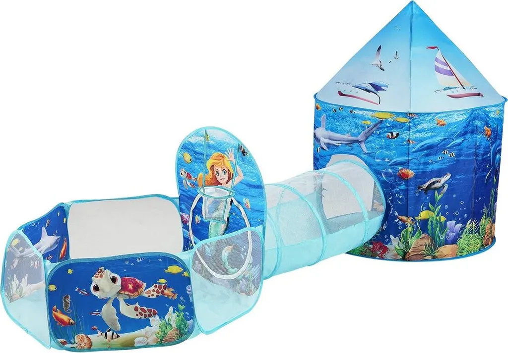 Tente de jeu 3 en 1 Ocean avec tunnel et panier de basket pour enfants