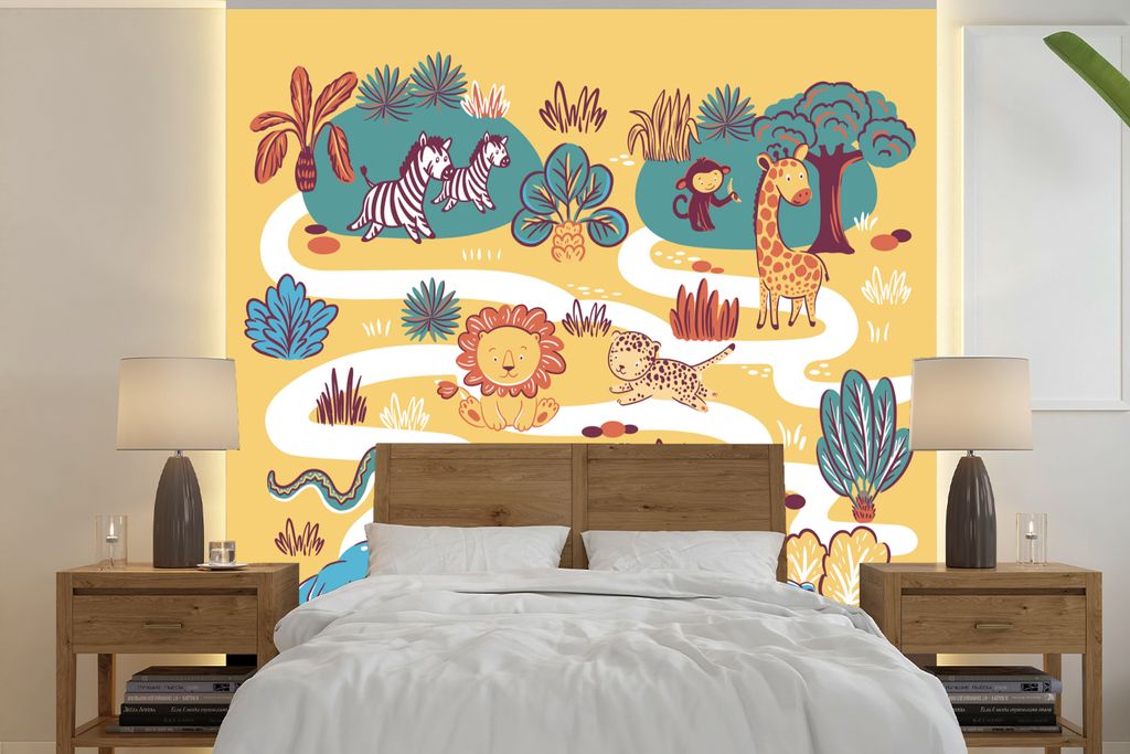 MuchoWow Fototapete für Wohnzimmer oder Schlafzimmer Wandtapete Vinyl Motivtapete Safari - Tiere - Kinder - 350x350 cm - Schlafzimmertapete