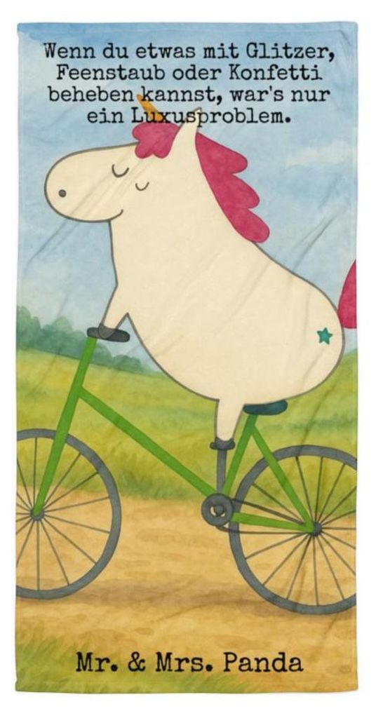 Mr. & Mrs. Panda Handtuch Einhorn Radfahrer Design - Weiß - Geschenk, Strandtuch, Badehandtuch, Radfahren, Baumwollhandtuch, Unicorn, Bike, Kummer...
