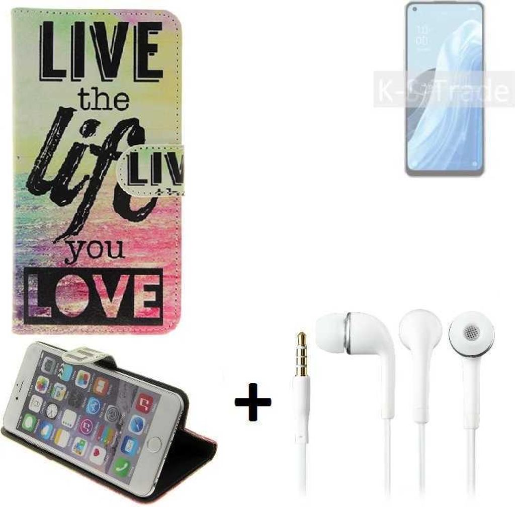 K-S-Trade Schutz Hülle kompatibel mit Oppo Reno7 A 5G 360° Wallet Case ''live life love'' Tasche Handy Hülle Etui Smartphone Flip cover