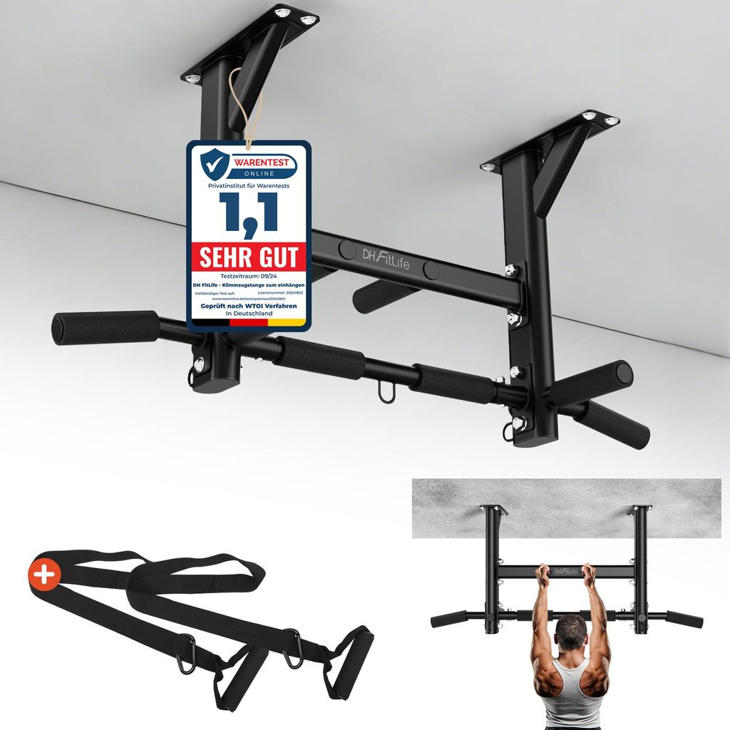 DH FitLife Decken-Klimmzugstange bis 300 kg, multifunktional für Zuhause, 8 rutschfeste Griffe, Boxsack & Schlingentrainer