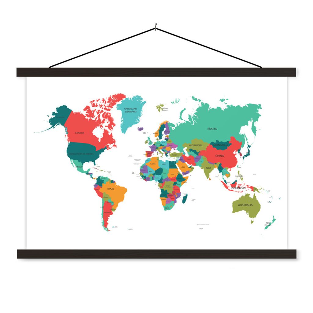 MuchoWow Textilposter Weltkarte - Bunt - Einfach 60x40 cm mit schwarzem Rahmen - Hölzernes