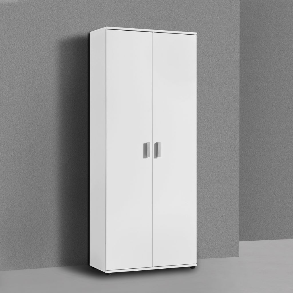 A white, two-door cabinet against a gray wall.