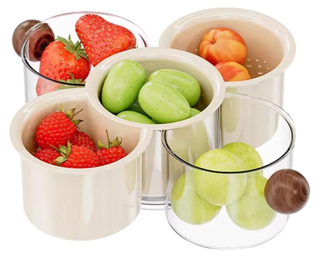 Multifunktionale Abtropfschale mit 360°-Drehfunktion und Abtropffläche für Obst, Gemüse, Nüsse und Snacks.