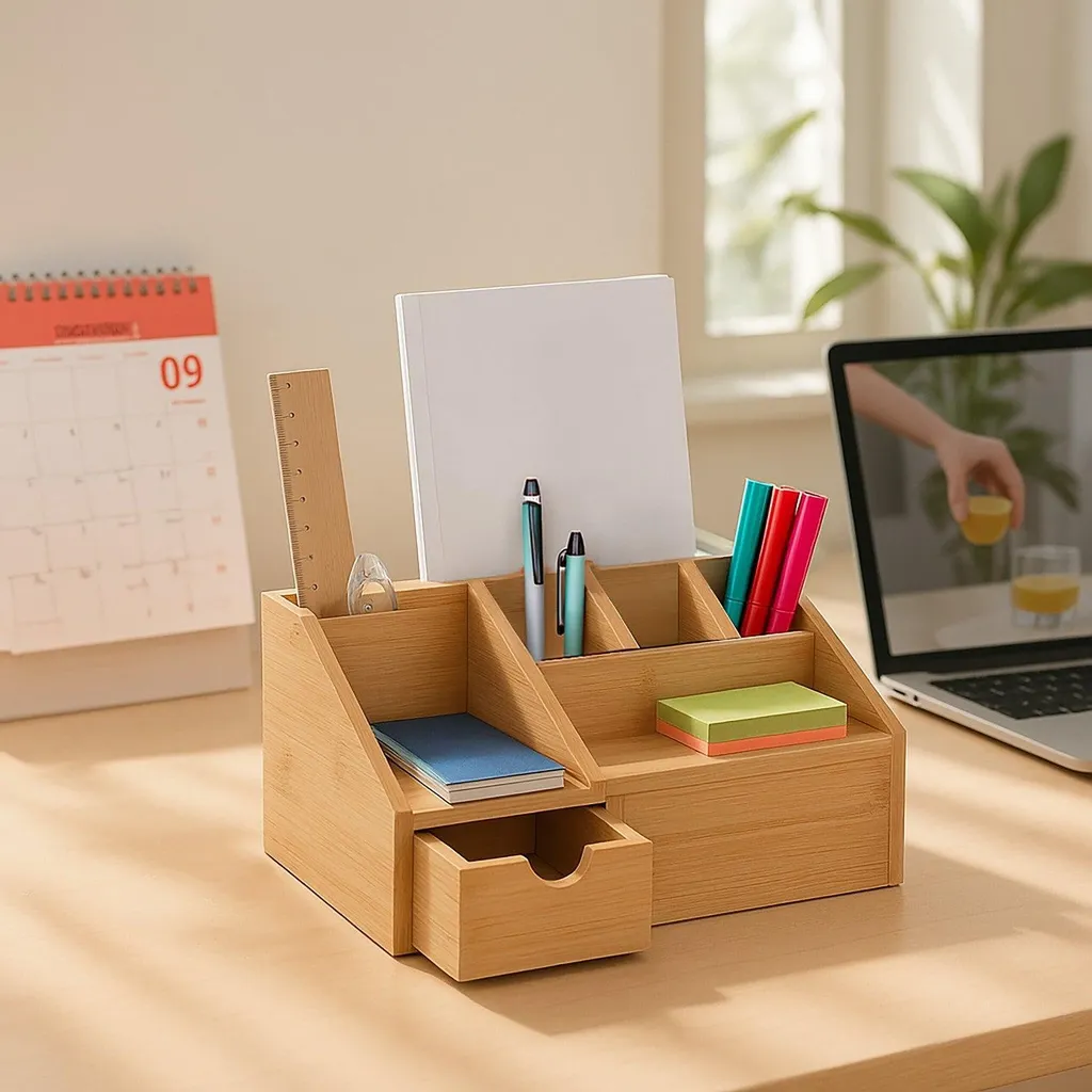 Organiseur de bureau en bambou avec tiroir et 6 compartiments de rangement
