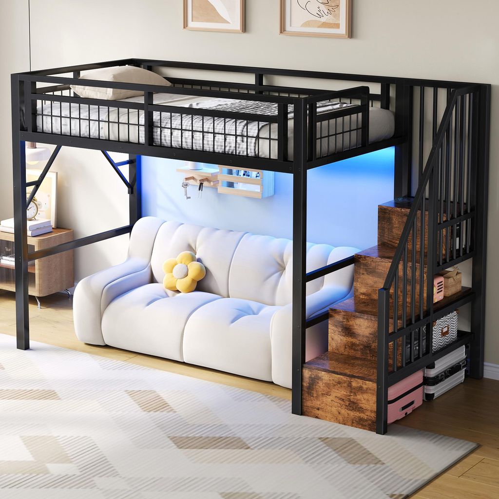 Hochbett aus Metall mit LED-Lichtleiste, Stauraum-Treppe, Klecksecke, ohne Matratze, Schwarz, 90x200 cm