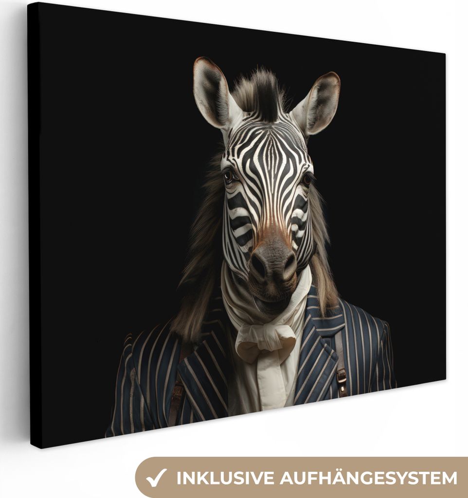 MuchoWow - Leinwandbilder - Zebra - Porträt - Schwarz - Weiß - Tier, Wandbild, Wanddeko Bilder Wohnzimmer, 80x60 cm