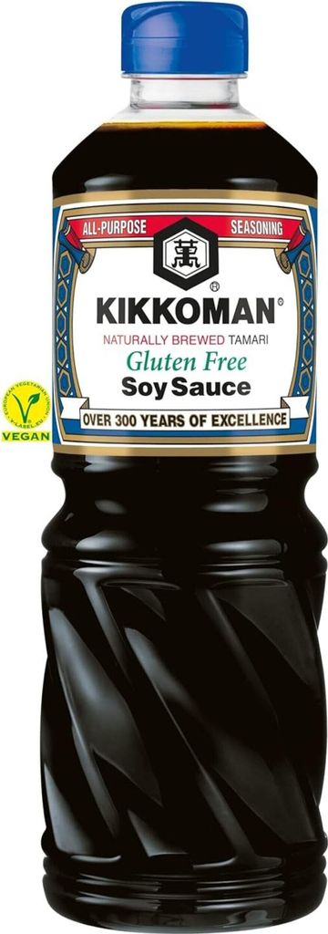 A bottle of Kikkoman Gluten Free Soy Sauce against a white background.