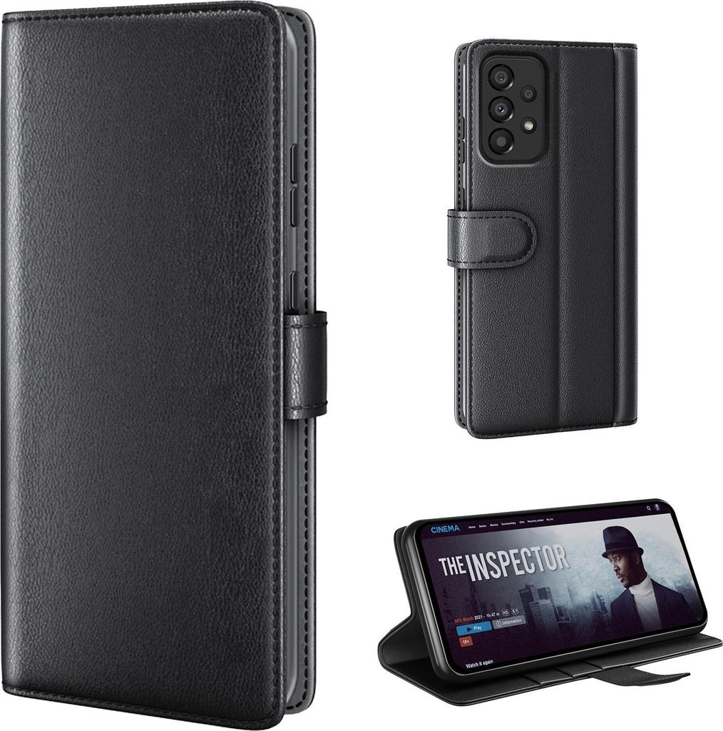 Echtleder Handyhülle für Samsung Galaxy A23 5G Lederhülle Cover Case Tasche Klapphülle Fliphülle Leder Hülle Farbe: Schwarz
