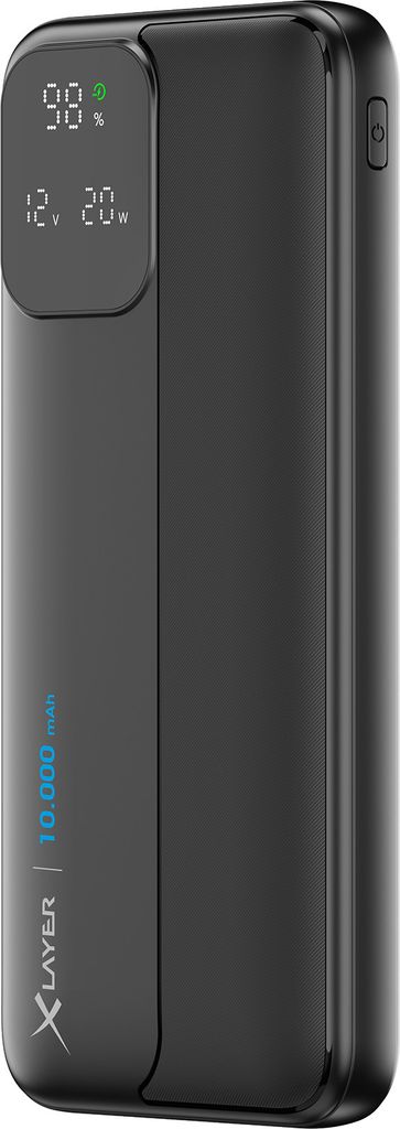 A black power bank is shown against a white background. The power bank has a digital display showing battery percentage and wattage.
