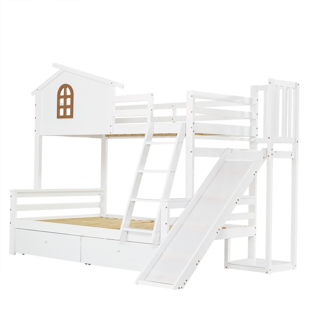 Etagenbett mit charakteristischen Fenstern und vierstufiger Kipptreppe,Kinder und Mutterbett mit Rutsche,mit zwei Schubladen,Bettrahmen aus Massivholz