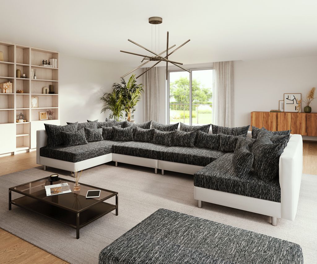 DELIFE Wohnlandschaft Clovis XL Weiss Schwarz mit Hocker modular