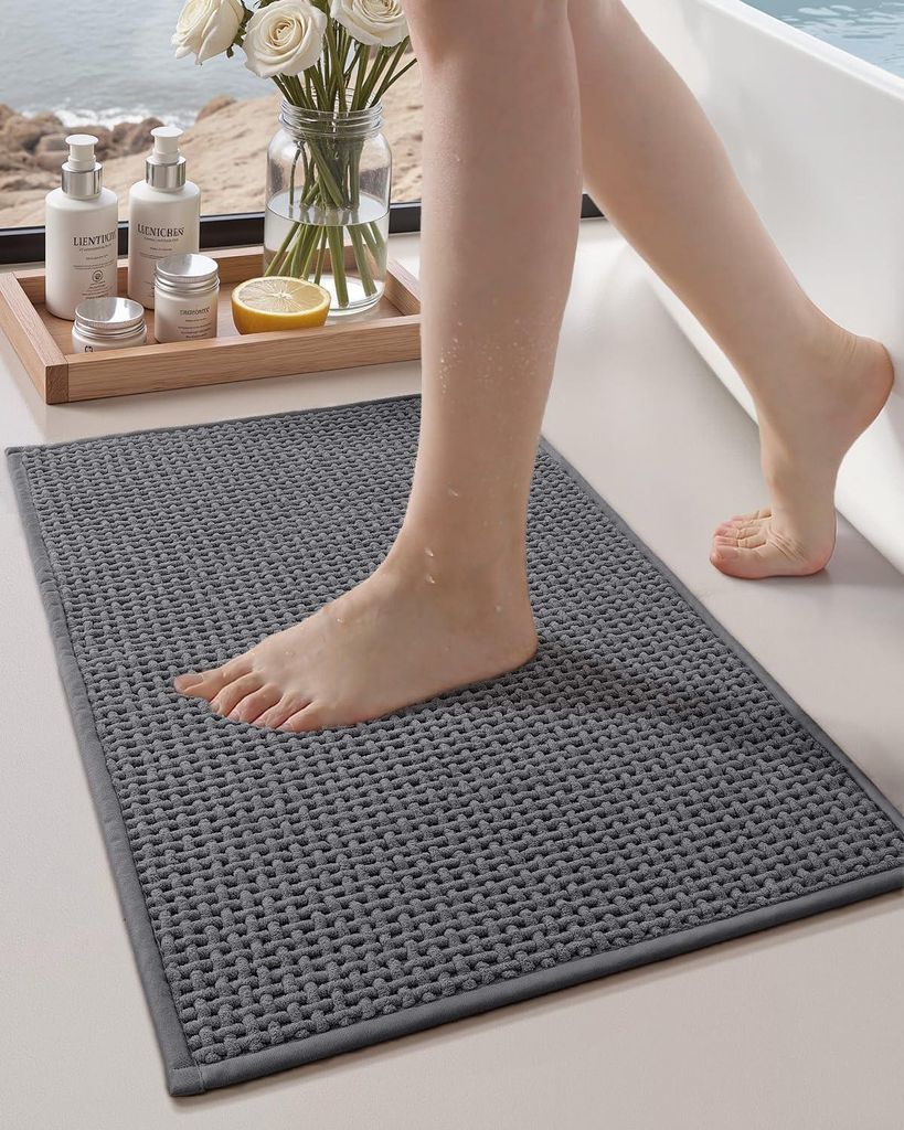 Rutschfeste, waschbare Badematten, 40 x 60 cm große, saugfähige Chenille-Badematten, schnelltrocknende Badematte, graue Badematte für Bad, Dusch...