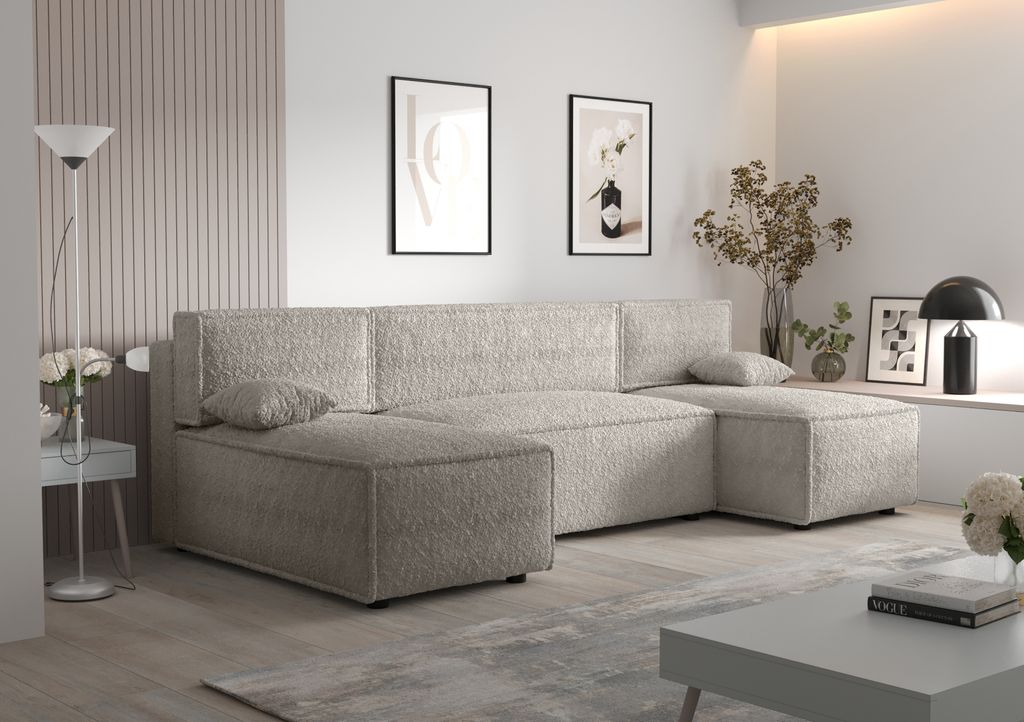 Ecksofa Alvito U, Farbe: Elfenbein. Material: Bouclé. A: B: Produktbild 