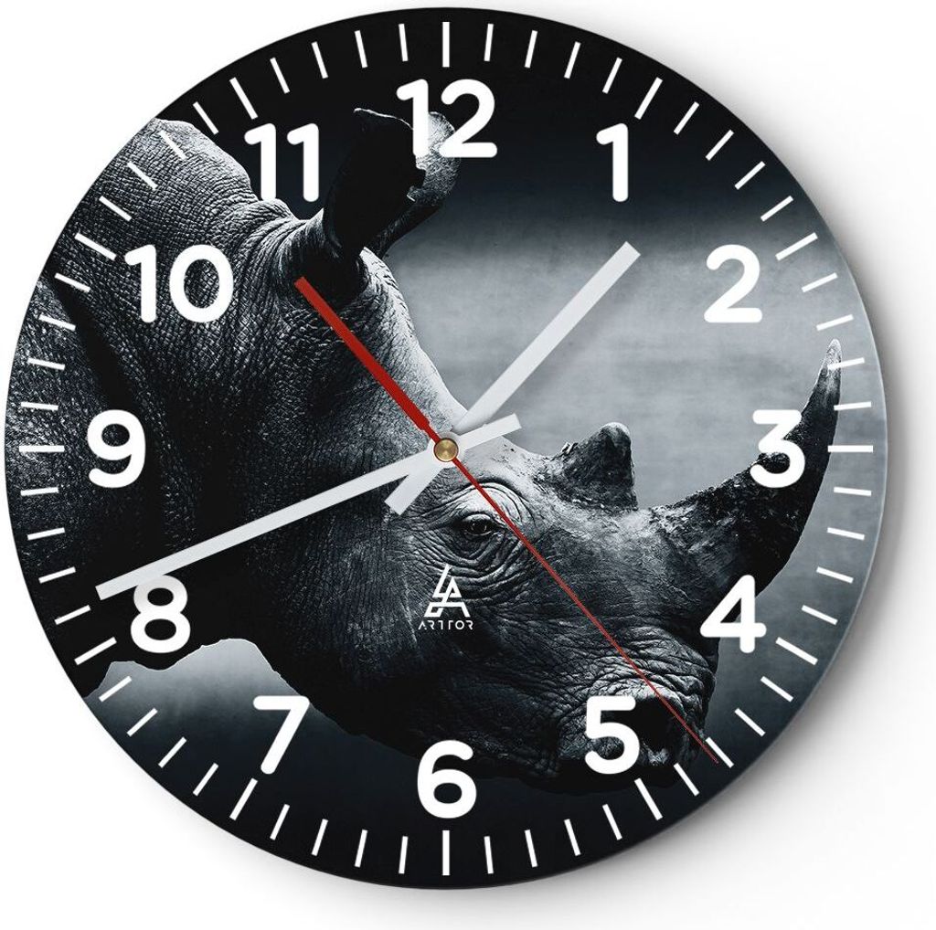 Wanduhr - Rund - Glasuhr - Nashorn Schwarzweiß Porträt - 30x30cm - Schleichendes Uhrwerk - Lautlos - zum Aufhängen bereit - Dekoration Modern - ...