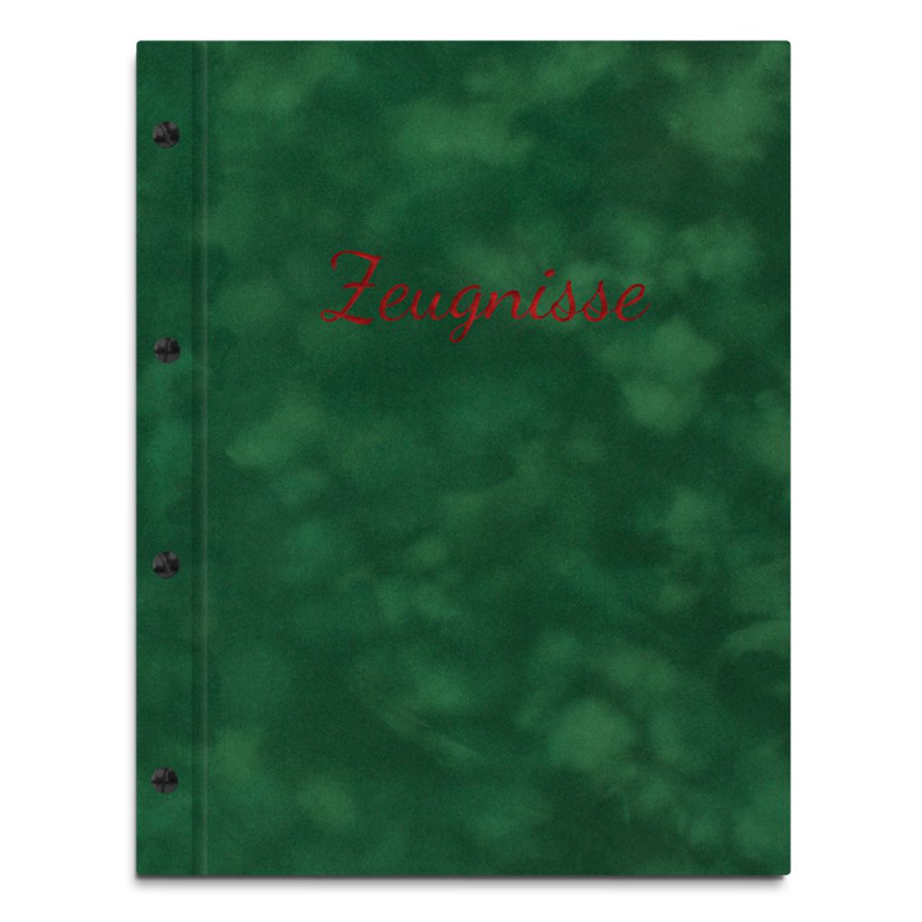 Zeugnismappe im grünen Samteinband mit hochwertiger Beschriftung in rot – handgefertigte Mappe für Zeugnisse inkl. 12 Sichthüllen