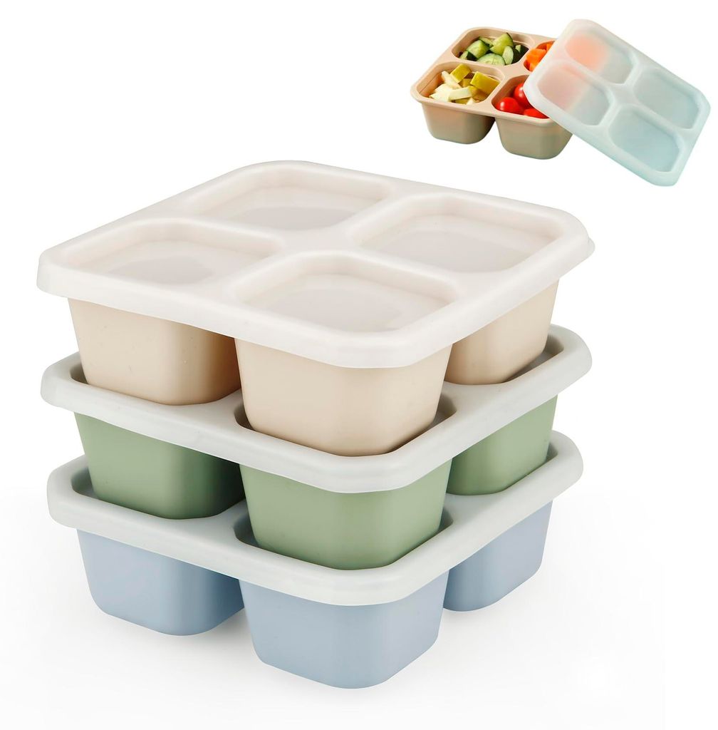 3-teiliges Snackbox-Set mit Fächern für Kinder – Silikon-Snackbox mit Deckel für Kinder und Erwachsene – Bento-Snackbox mit 4 Fächern, wied...