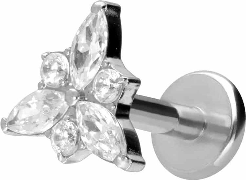 Ohrpiercing, Nasenpiercing Titan Labret mit Innengewinde KRISTALLBLÜTE Silber Stablänge: 6mm | Stabstärke: 1,2mm