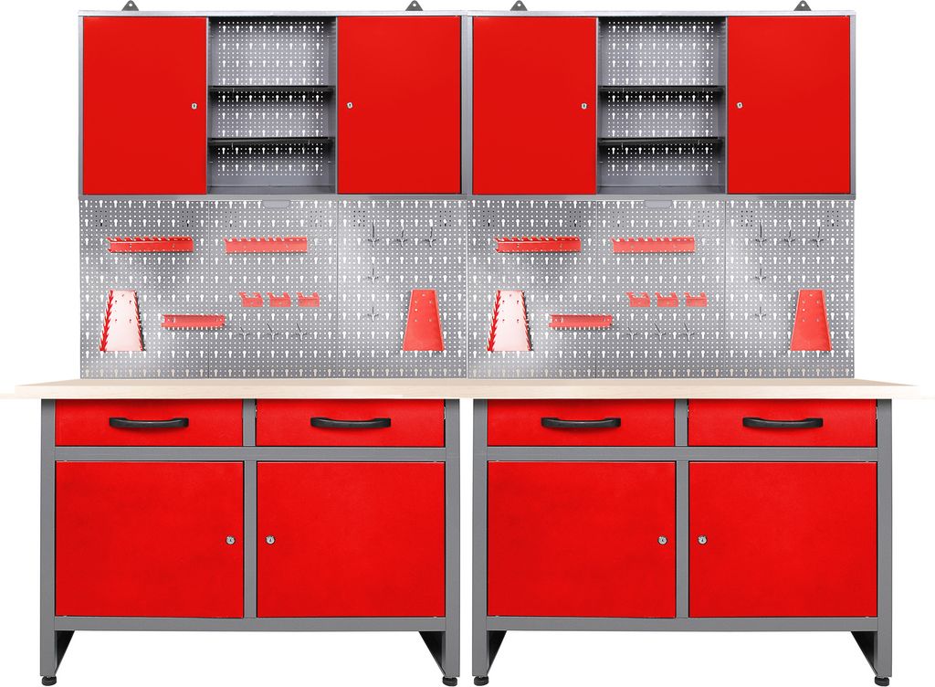 Ondis24 Metall Werkstatt Set 240 cm "Werner" rot 2 Werkbänke + 2 Schränke LED Arbeitshöhe 85 cm abschließbar höhenverstellbare Füße Arbeitsp...