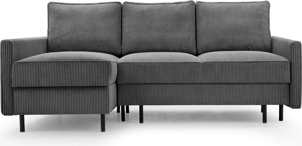 BETTSO Ecksofa mit Schlaffunktion und Bettkasten Scandinavian Design Couch Sofagarnitur Couchgarnitur Polsterecke Cord stoff EMMA Dunkelgrau Links
