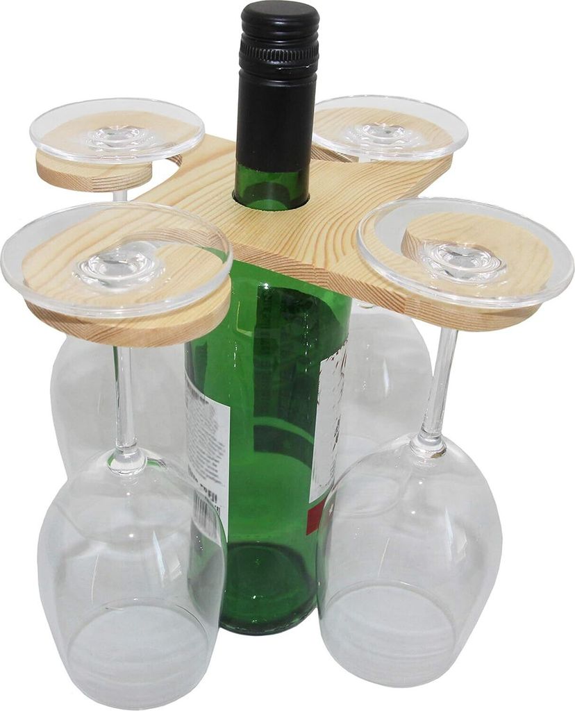 Weinflaschen und Gläserhalter aus Holz für 4 Gläser - Wein-Buttler Wine-Caddy Wein-Glas-Aufhänger