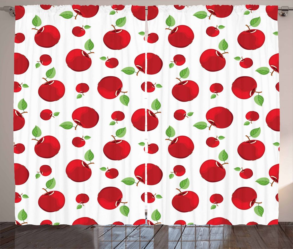 ABAKUHAUS Apfel Rustikaler Gardine, Vivid Cartoon-Rot-Frucht, Schlafzimmer Kräuselband Vorhang mit Schlaufen und Haken, 280 x 245 cm, Grün Weiß Rot