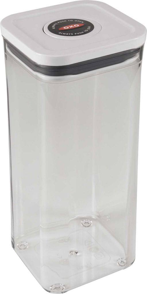 A clear, studio shot of an empty OXO Good Grips POP food storage container.