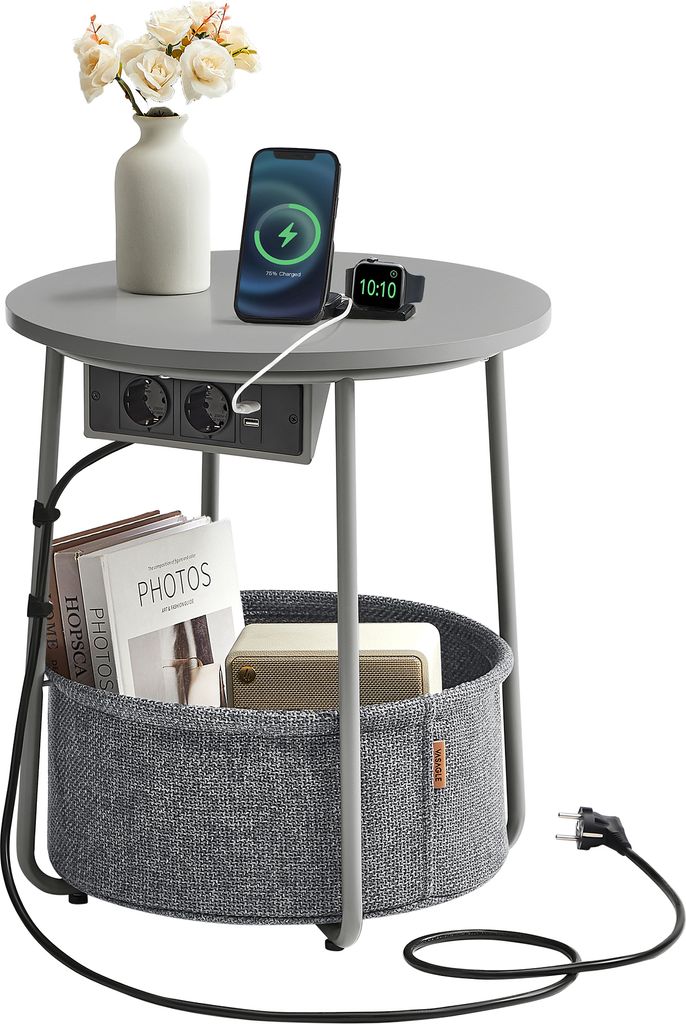 VASAGLE Beistelltisch rund, mit Steckdose, USB-Anschlüsse, Ø45 cm, taubengrau-schiefergrau