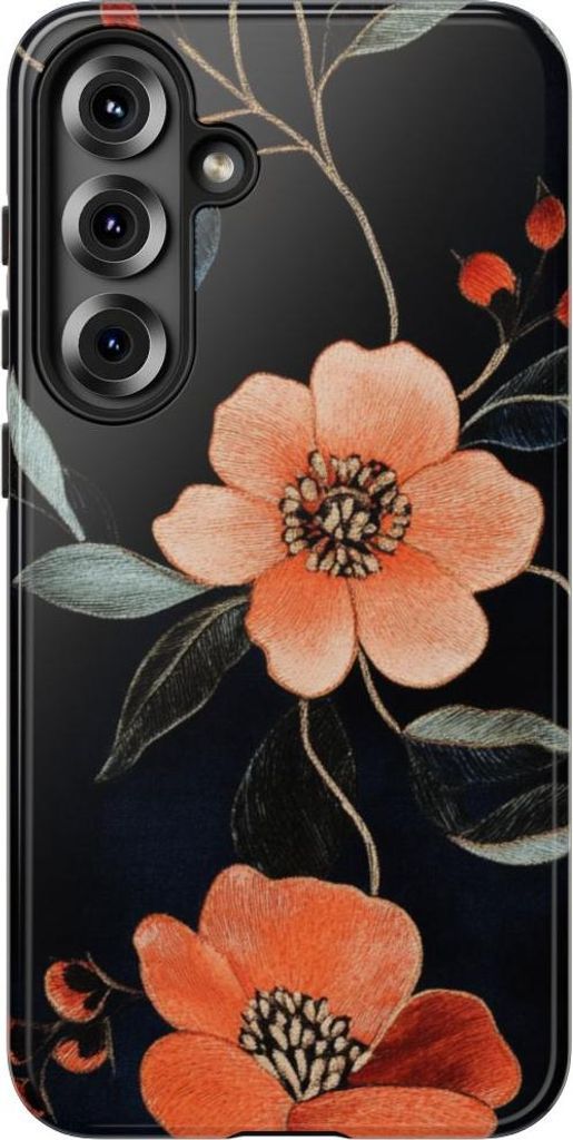 Glänzendes Blumenstickerei-Muster in Orange – Hülle Kompatibel mit Samsung Galaxy S25 Plus